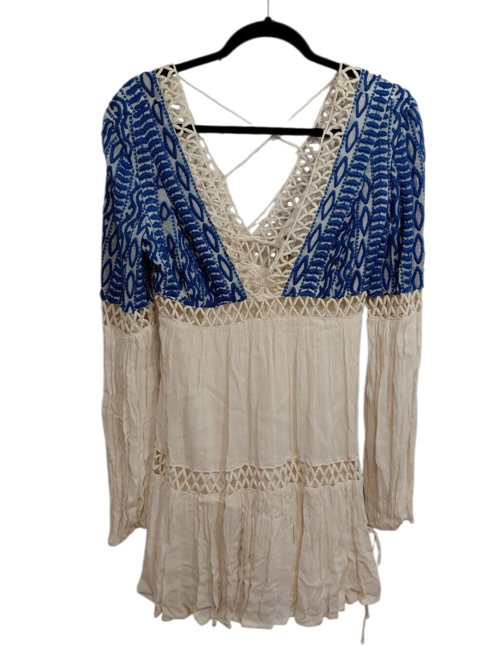 Free People Blue and Cream Crochet V-Neck Peasant Tunic